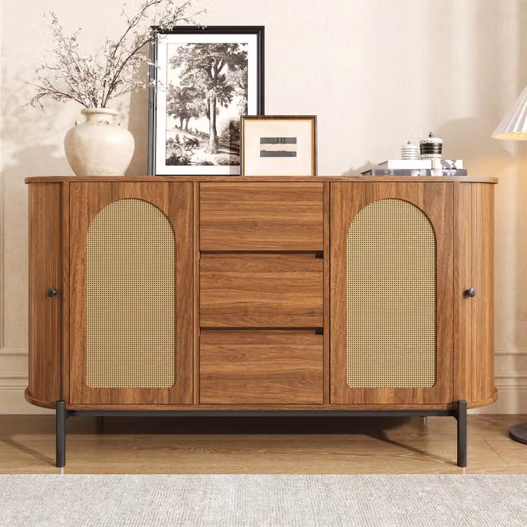 Credenza ovale Merax con ante in rattan + ante scorrevoli, cassettiera con cassetti e gambe in metallo, mobile da salotto con ripiani regolabili, noce