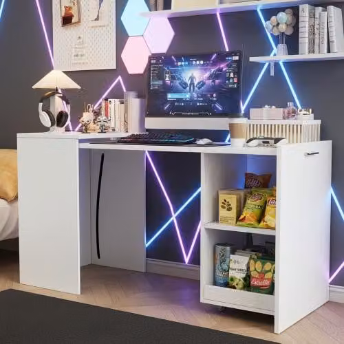 Tavolo pieghevole multifunzionale 126x55x72,5 cm, combinazione di scrivania e armadio con 2 vani portaoggetti, tavolo da lavoro salvaspazio, elevata resistenza al carico, bianco