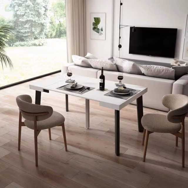 Consolle allungabile, 160x90x73cm, Per 8 persone, Gambe in legno, Bianco RF2993