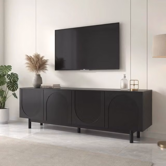 Cassettiera TV moderna KOMHTOM nera in MDF e legno con scomparti multimediali, L: 175 cm, P: 38 cm, H: 56 cm