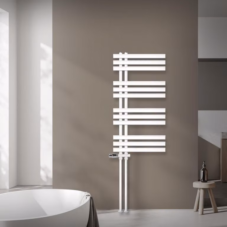 Radiatore da bagno LuxeBath Design, 500x1000 mm, bianco, set di collegamento termostatico tramite attacco a pavimento, senza elemento riscaldante