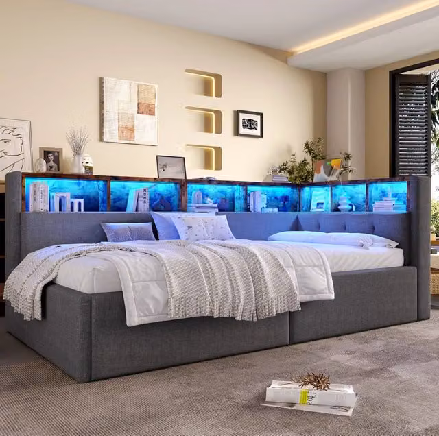 Divano letto 90x200 cm con luci LED e porte USB e Tipo C; in lino grigio