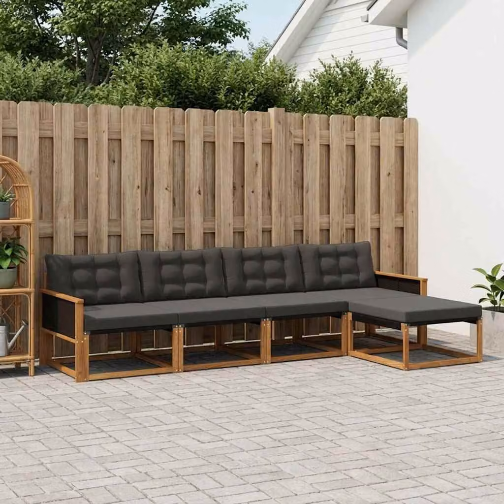 Set di divani da esterno vidaXL 5 pezzi in legno di acacia e textilene, composizione a L con pouf e cuscini, Marrone e Nero