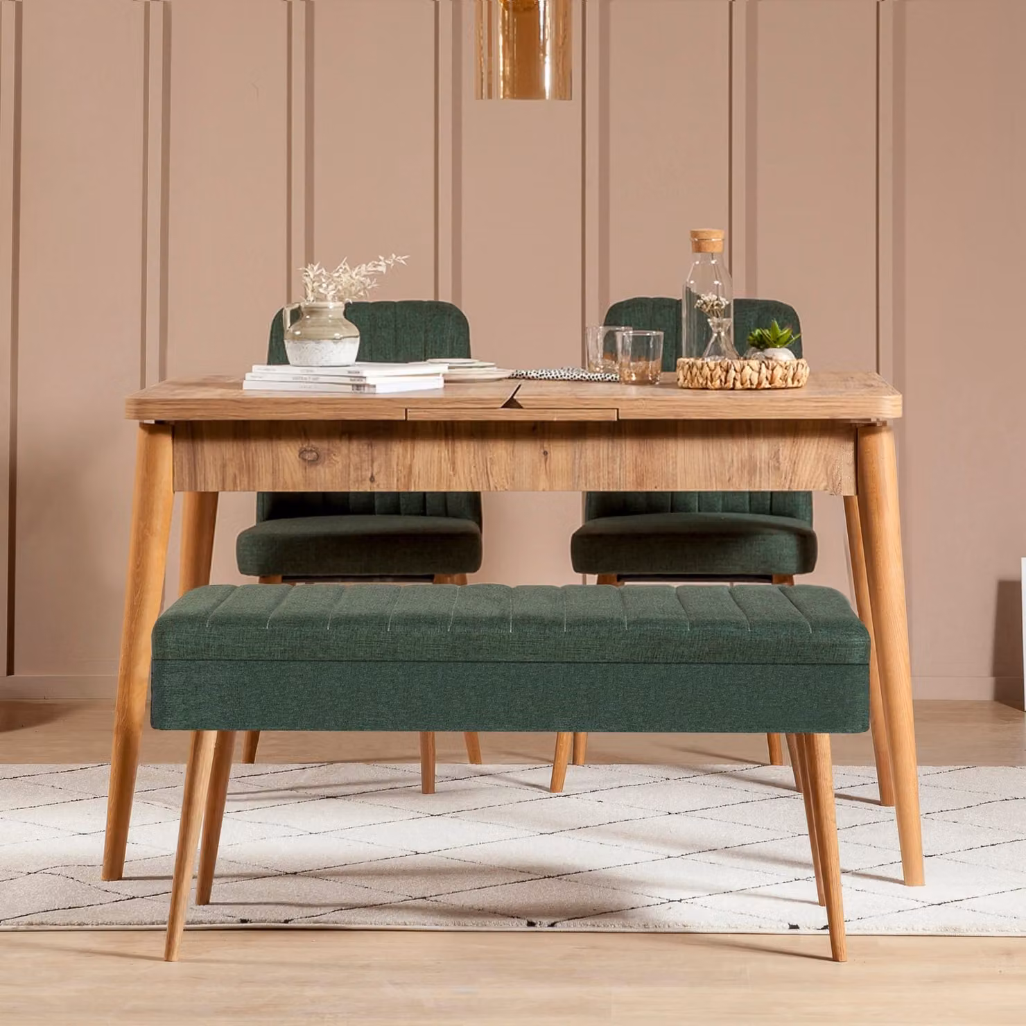 Skye Decor, Vina 1070 - 3 - Atlantic, Green, Set composto da tavolo da pranzo allungabile e sedie (4 pezzi), pino atlantico, 100% PANNELLI DI PARTICELLE RIVESTITI IN MELAMMINA, 163 x 80 x 75 cm