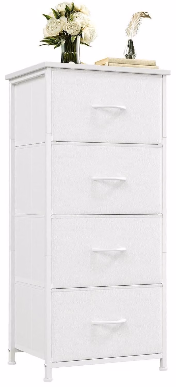 Comodino con 4 cassetti rivestiti in tessuto, colore bianco, dimensioni 30x42x93 cm