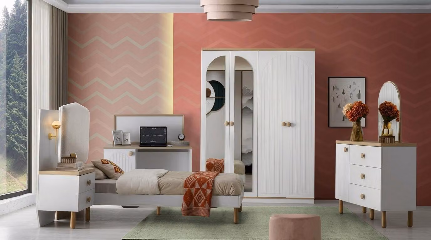 Set completo per camera da letto per ragazzi, design classico, in legno bianco, composto da 6 elementi: letto, armadio