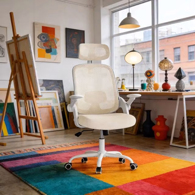 Sedia da ufficio ergonomica beige con poggiatesta e rotelle per home office