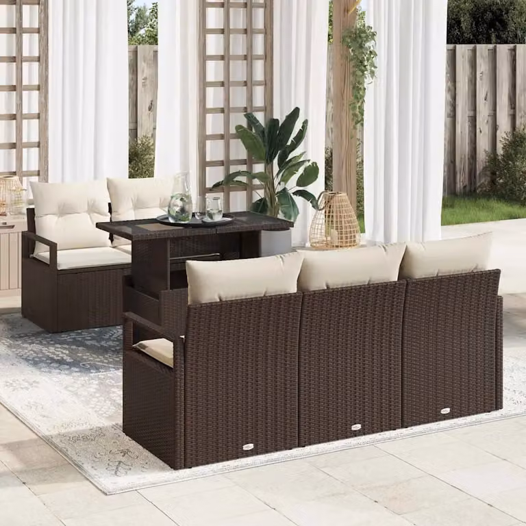 Set Divano da Giardino vidaXL 6 Pezzi a Forma di U con Cuscini Marrone e Beige