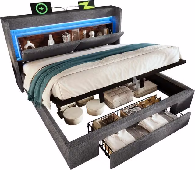 Letto matrimoniale 180x200 cm con contenitore idraulico; LED; USB e USB-C in lino grigio