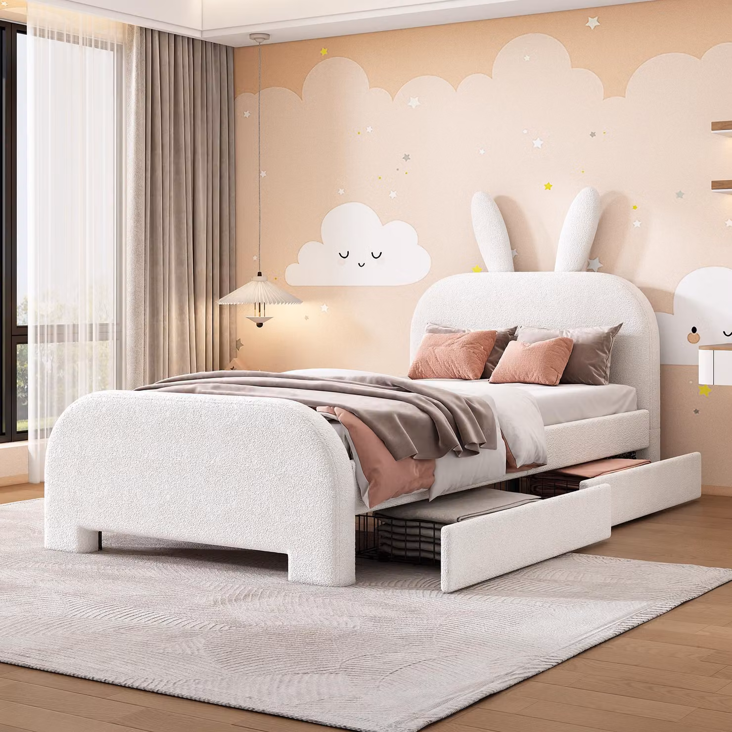 Letto imbottito Flieks 90x200cm con 2 cassetti, letto per bambini e ragazzi con testiera a orecchie di coniglio, letto singolo con contenitore, Plush, bianco