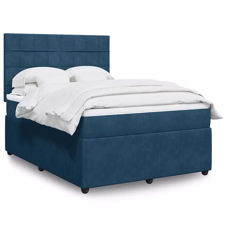 vidaXL Giroletto a Molle Ibrido con Materasso in Velluto Blu e Bianco L/P/H: 190 x 140 x 150,5 cm