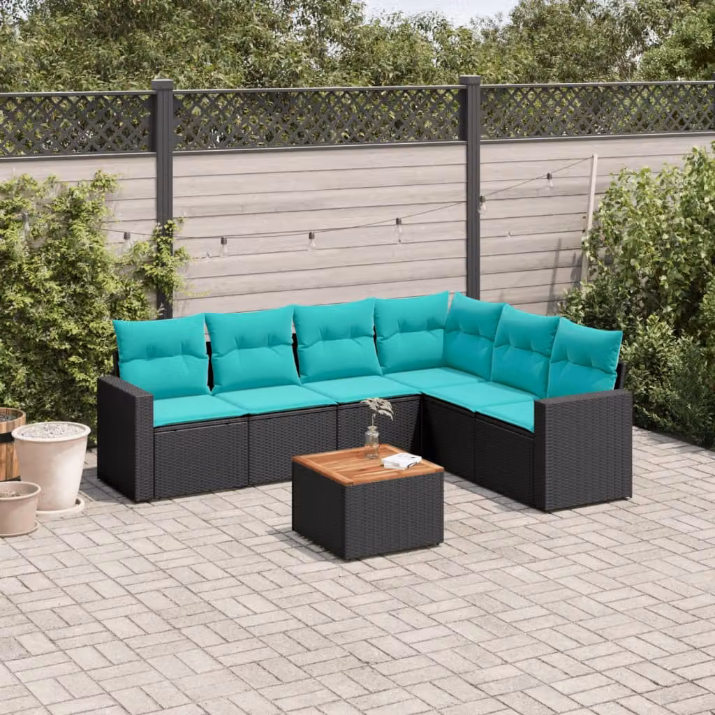 Set Divani da Giardino vidaXL 7 pz in Polyrattan Nero con Cuscini Blu e Tavolino da Esterno a Forma di L