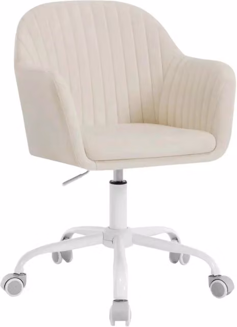 Sedia da ufficio ergonomica girevole con altezza regolabile e braccioli integrati in velluto bianco crema