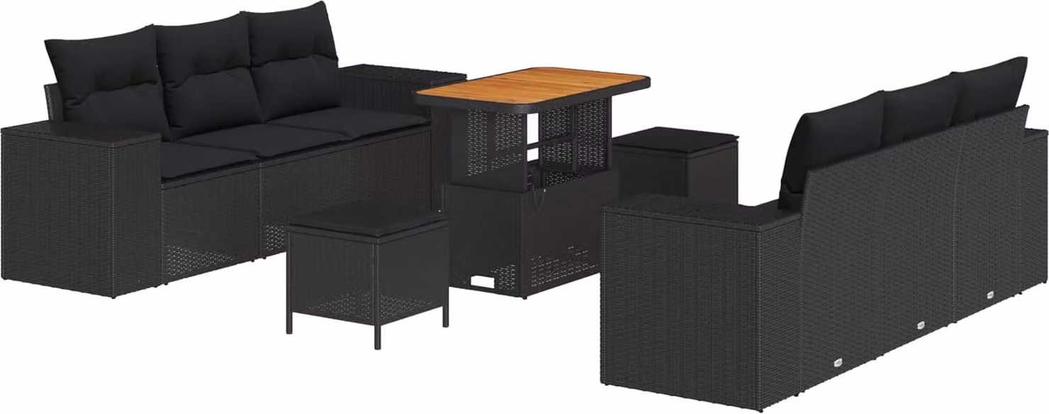 Set Divano da Giardino con cuscino 9 pcs Nero Poly Rattan