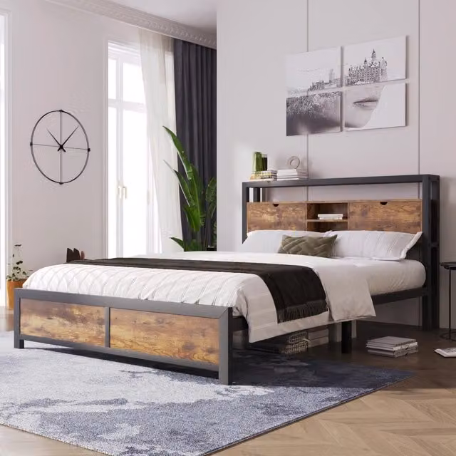 Letto matrimoniale 140 × 200 cm con testiera contenitore in metallo e MDF colore naturale spazio sottoletto 26,5 cm