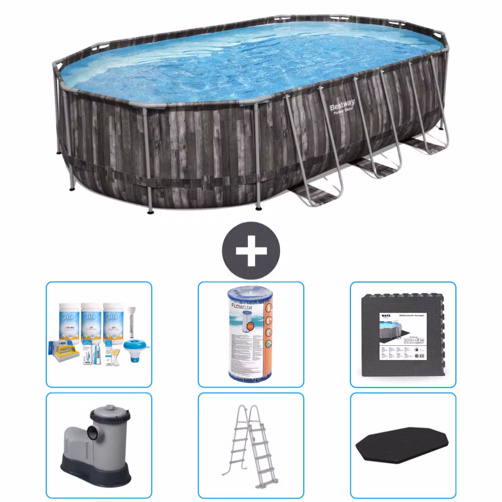 Piscina Bestway Oval Power Steel - 610 x 366 x 122 - Grigio - compresa pompa - scala - pacchetto di manutenzione della copertura - filtro - piastrelle del pavimento