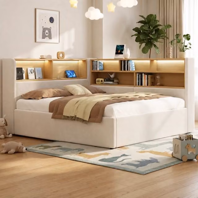 Letto divano 140 × 200 cm con contenitore idraulico, LED, USB e Type-C, senza materasso, beige