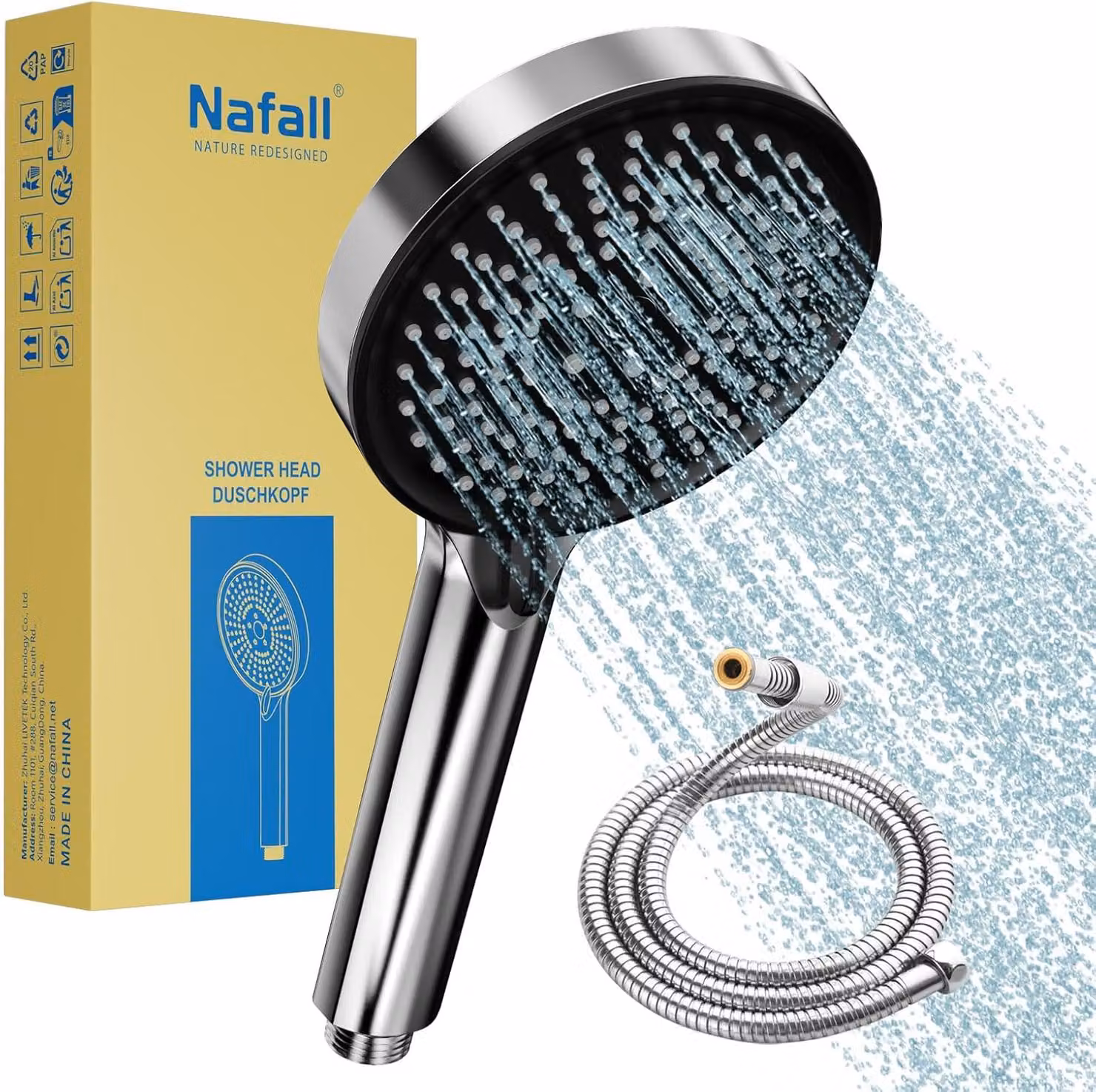 Doccia ad alta pressione, diametro 115 mm, 3 modalità, tubo flessibile da 1,5 metri, attacco G1/2, adatta per bagno e doccia