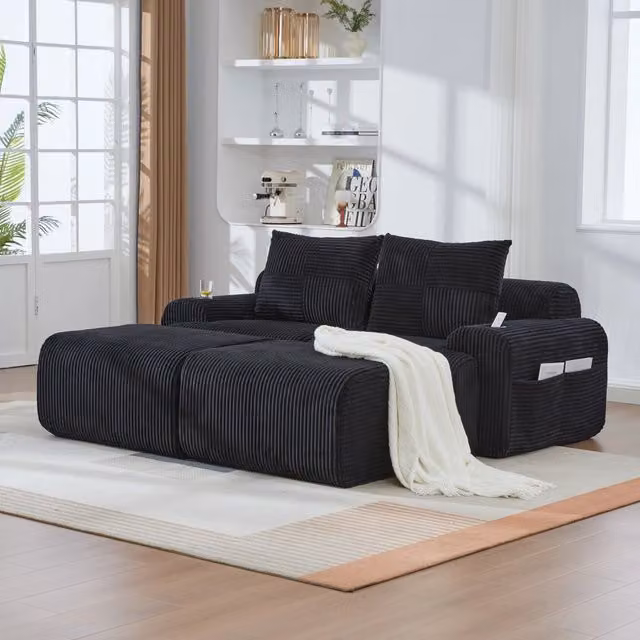 Divano modulare 2 posti 200.0x174.0x80.0 cm con portabevande e tasca laterale in velluto a coste nero