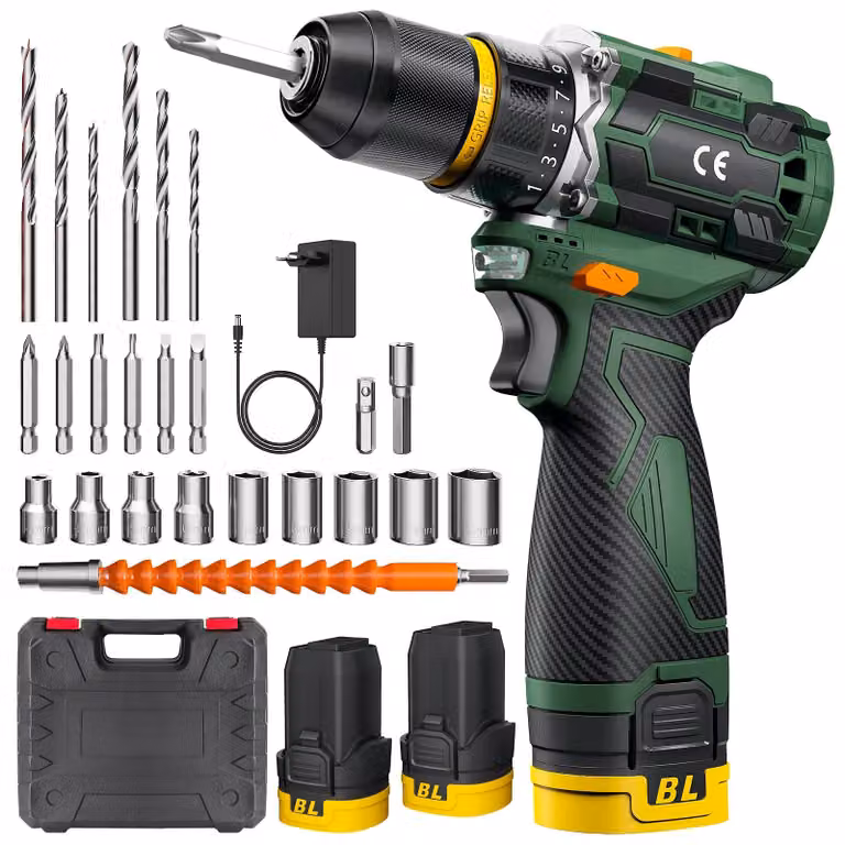 Trapano avvitatore a batteria - Trapano a percussione - 55 Nm - Mandrino per metallo da 10 mm - Motore brushless - 23+1 livelli di coppia - 2 batterie