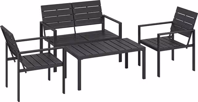 Set Salotto da Giardino Outsunny Aosom Nero, 4 Pezzi con Divano a 2 Posti, Poltrone e Tavolino