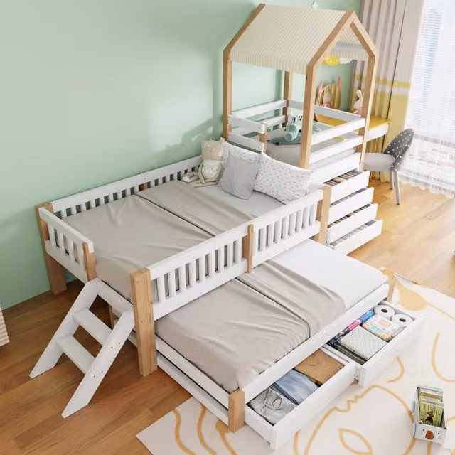 Letto a castello per bambini 90 × 200 cm e 90 × 190 cm con letto estraibile, 4 cassetti e tenda, senza materasso