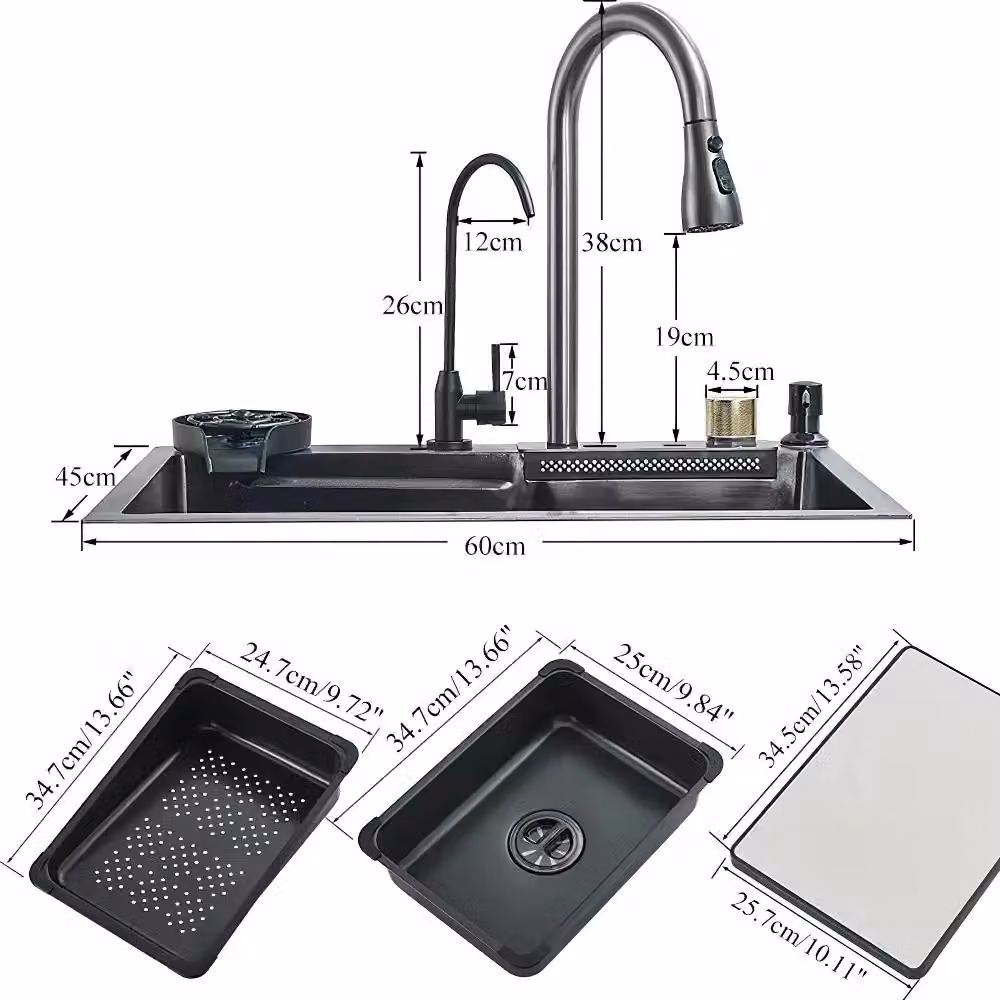 Lavello da cucina a cascata - Lavello con un bacino - Bacino grande 45x60 cm - Miscelatore integrato con dispenser per sapone - Rubinetto per acqua pura - Dispenser per detersivo per stoviglie in PVC
