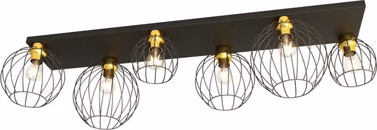 Lampada da soffitto in stile industriale con 6 paralumi in filo metallico, nero e oro, NEST 6xE27 15W Emibig