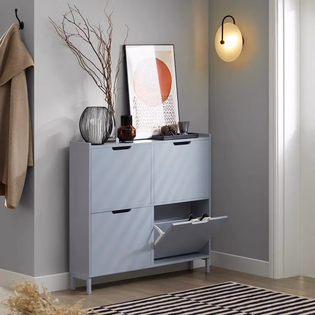 Scarpiera Slim da Ingresso SOBUY Grigio con 4 Ante Basculanti L: 100 cm, P: 19 cm, H: 91 cm – 2