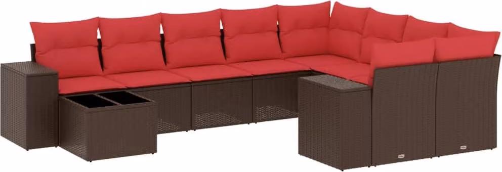Set Divani da Giardino 10 pz con Cuscini Marrone in Polyrattan