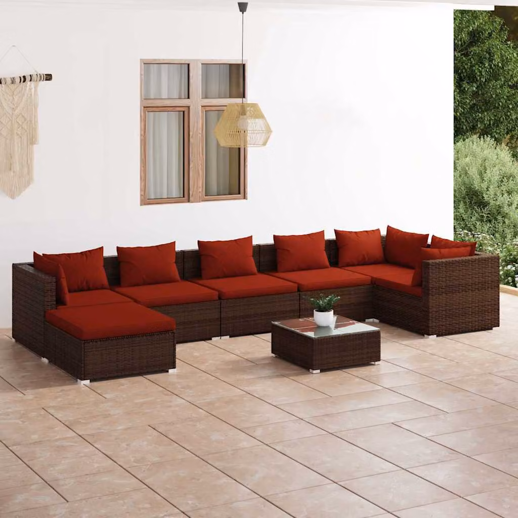 Set Divani da Giardino vidaXL 8 pz in Polyrattan Marrone con Cuscini e Tavolino da Esterno