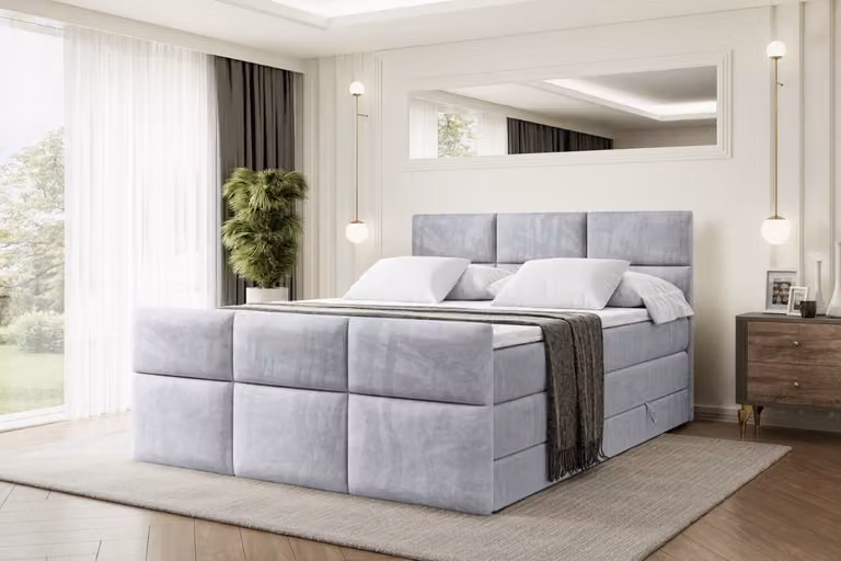 Letto boxspring ALTDECOR con pediera, 2 materassi e topper - 200x200 cm - OHIO-Z KING - Velluto grigio chiaro - Letto imbottito con materassi H3 e H4, contenitore e rete a doghe, letto con contenitore