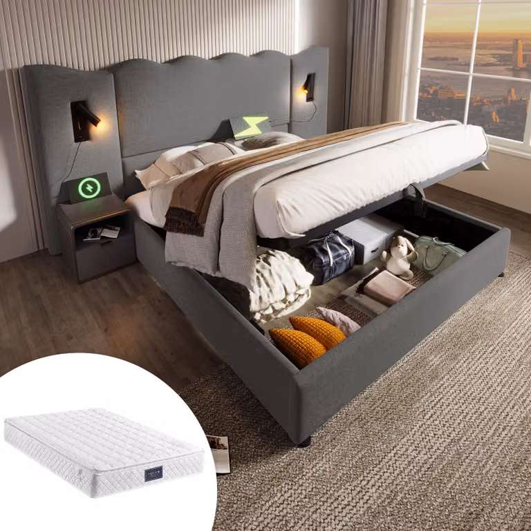 okwish Letto imbottito matrimoniale 160x200, letto con sistema di sollevamento idraulico, contenitore, lampada da lettura e porta USB di tipo C, grigio, lino (con materasso)