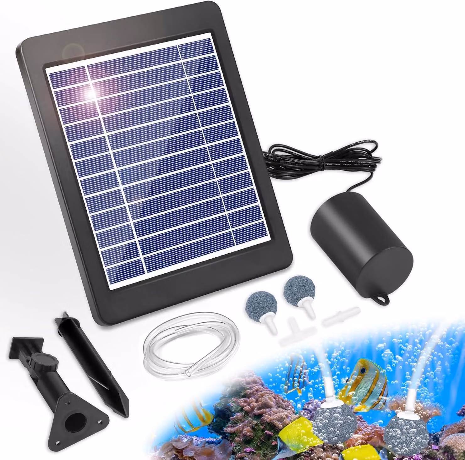 Pompa ad aria solare da 4W, ideale per stagni ornamentali, completa di tubi e diffusori d'aria