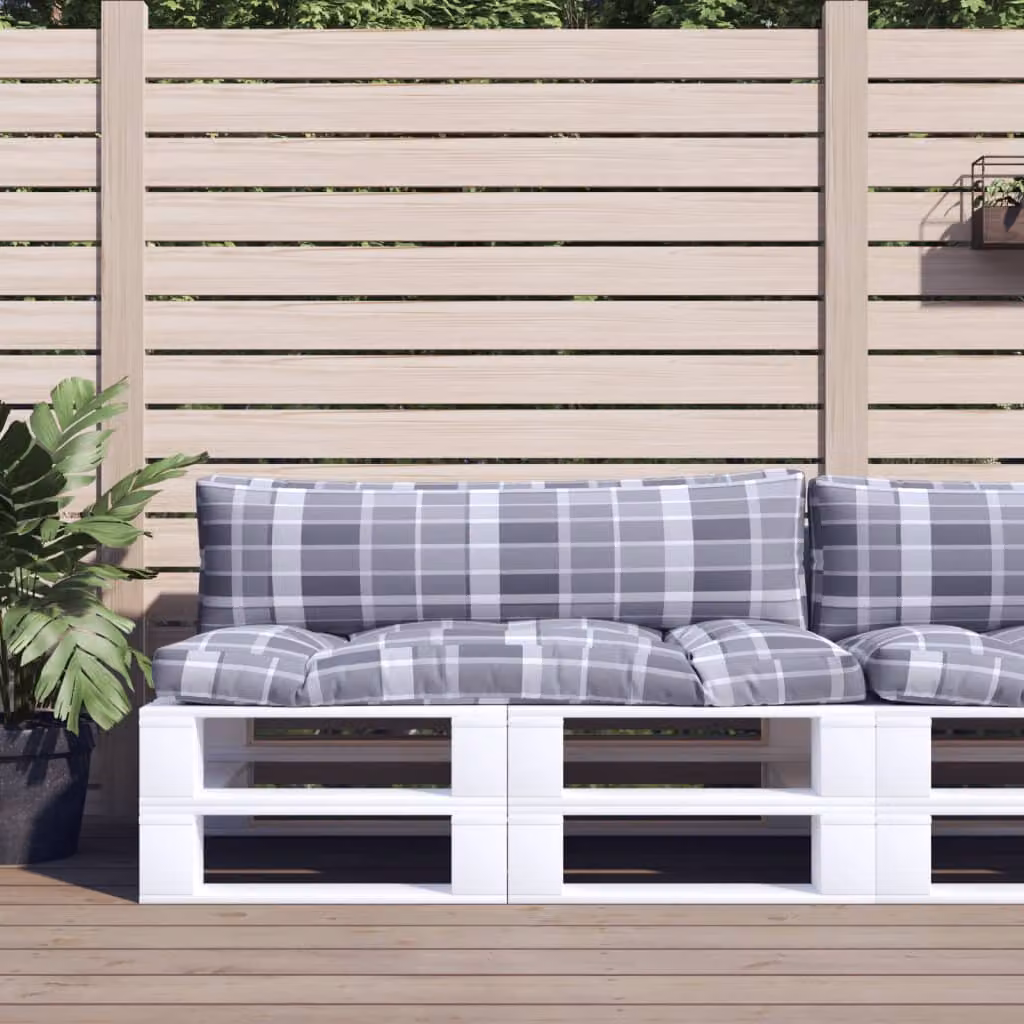 Set di 2 cuscini per pallet vidaXL in poliestere grigi e multicolore con design a quadri, idrorepellenti e resistenti ai raggi UV, L/P/H: 110 x 110 x 10 cm