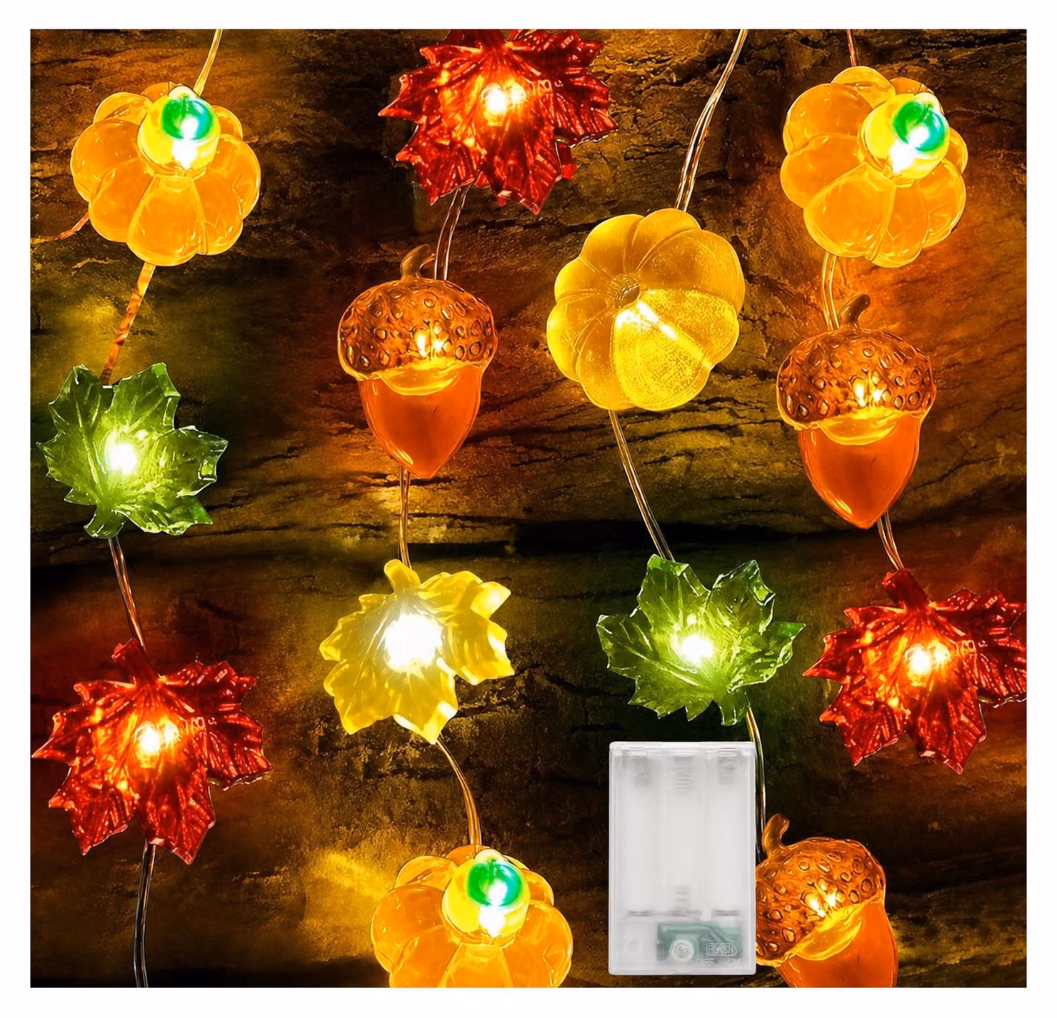 Catena luminosa da 5 metri, con 50 LED, decorazione autunnale con zucche e acero