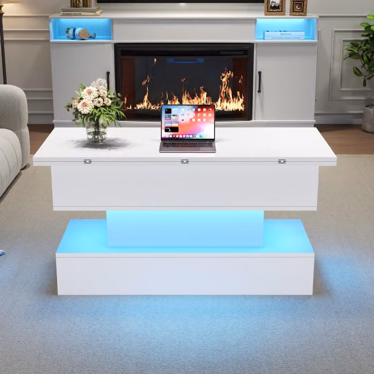 okwish Tavolino sollevabile con presa di corrente e LED, credenza con presa di ricarica USB-C&USB, tavolino da divano regolabile in altezza con vano portaoggetti, bianco