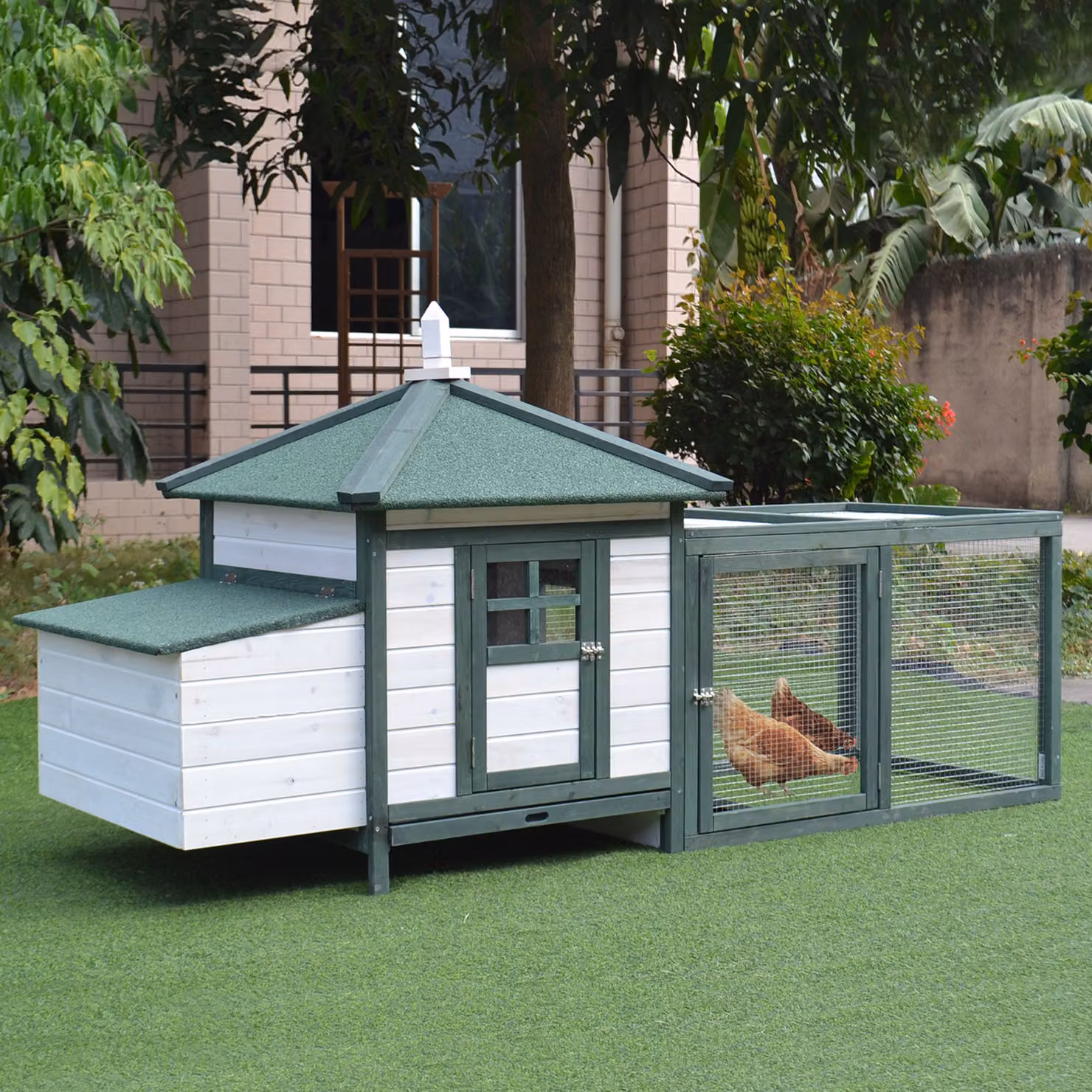 Pollaio da giardino prefabbricato in legno PawHut per galline, Bianco e Verde, L: 196 cm, P: 76 cm, H: 97 cm – 2