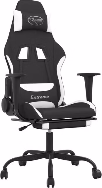 Sedia da Gaming Sportiva con Poggiatesta e Ruote, Tessuto Nero e Bianco – 1