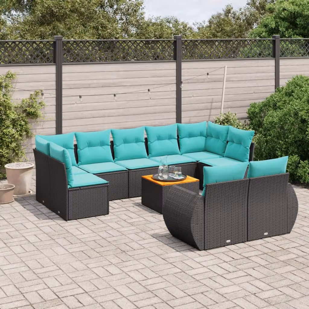 Set di divani da giardino vidaXL in polyrattan nero con cuscini e tavolino da esterno a forma di U