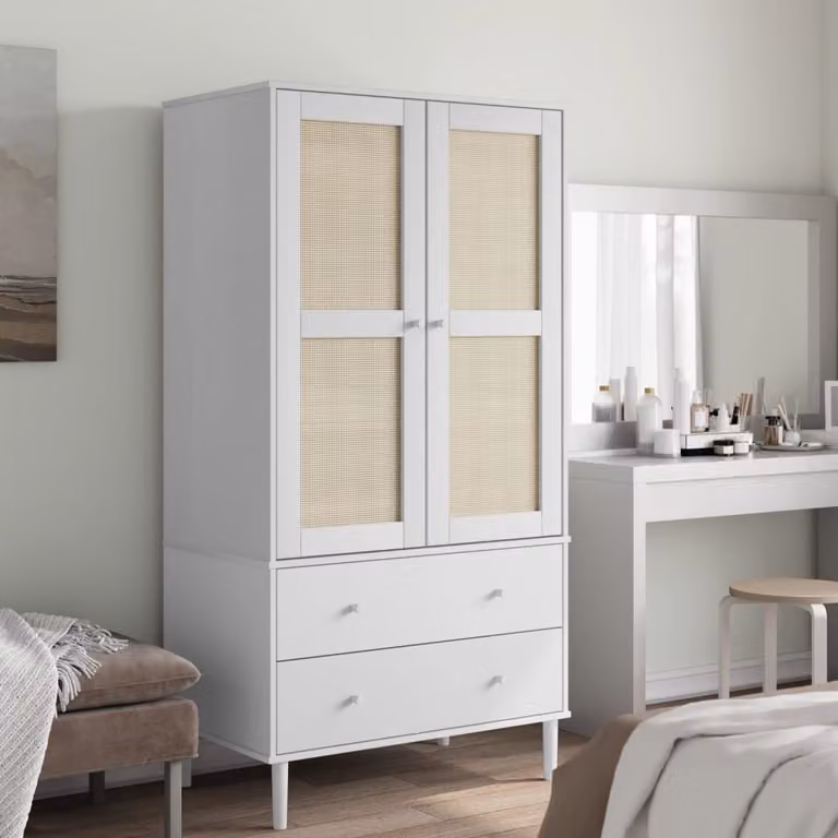 Armadio vidaXL SENJA in legno di pino massello con finitura rattan e colore bianco, L: 90 cm, P: 55 cm, H: 175 cm