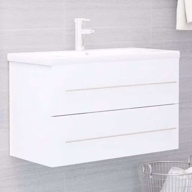 Mobile da bagno moderno vidaXL con lavabo integrato bianco e legno, sospeso, con ante e cassetti L/P/H: 80.0 x 38.5 x 48.0 cm
