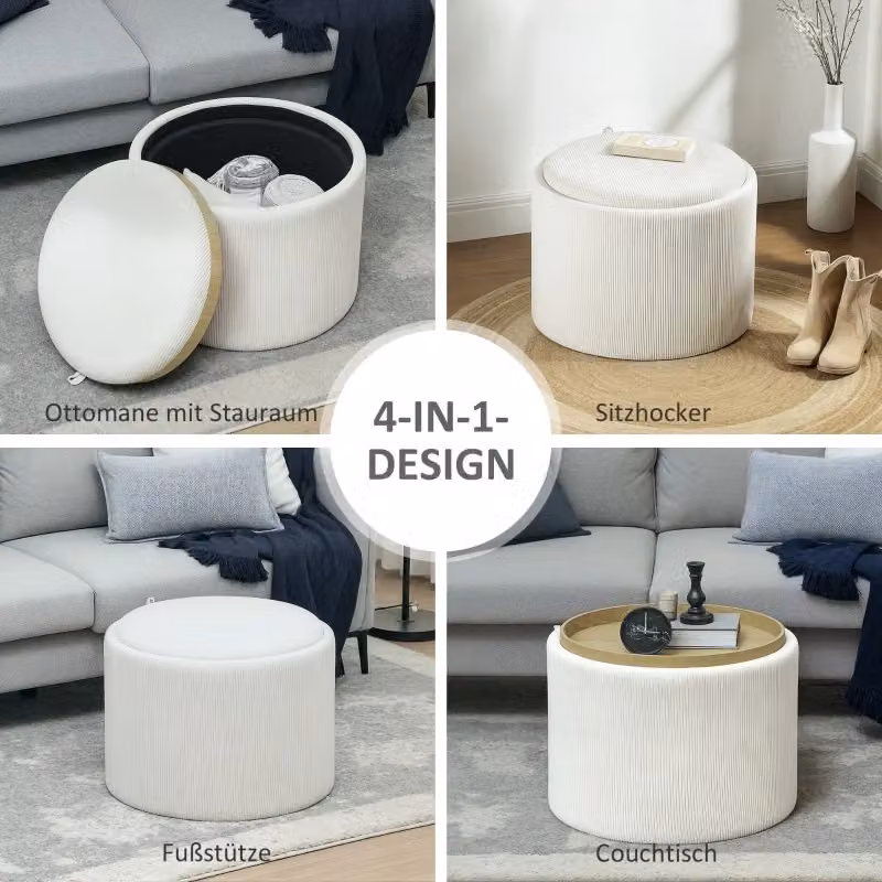 POUF Contenitore Rotondo REDOM in Tessuto Bianco e Beige L: 56 cm, P: 42 cm – 2