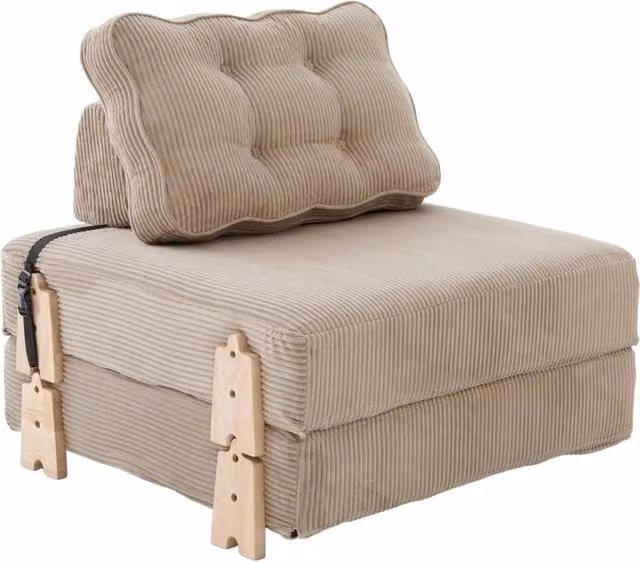 Poltrona letto pieghevole Chicfurn in velluto a coste beige e verde con struttura in legno massello e supporto lombare