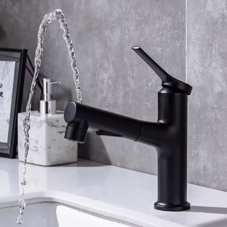 Miscelatore da lavabo estraibile, 2 modalità di spruzzo, colore nero, finitura in rame
