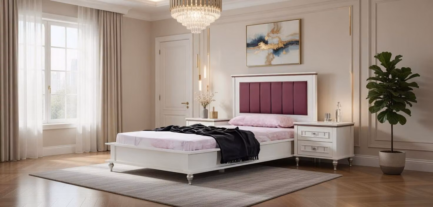 Letti eleganti con testiera rosa e comodini in legno
