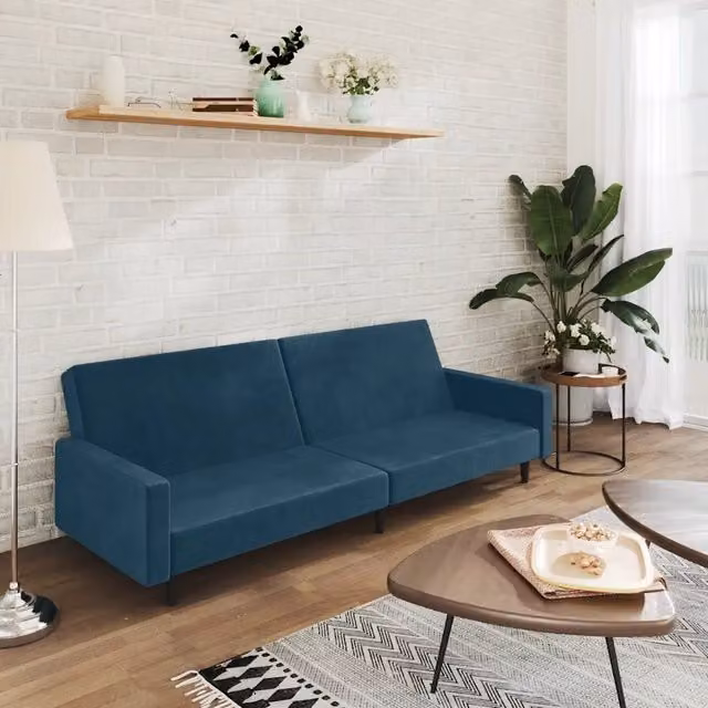 Divano Letto Click-Clack Moderno vidaXL in Velluto Blu con Struttura in Legno Solido – 1