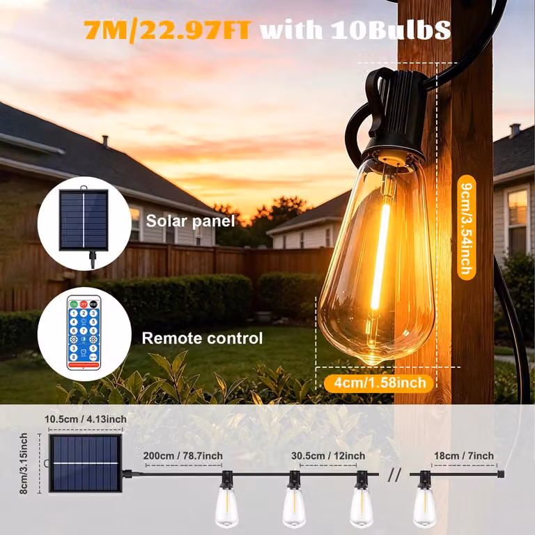 Catena luminosa solare - ST38 - 7 metri con 10 luci - 4 livelli di luminosità regolabili - Sensore di luminosità automatico - Grado di protezione IP44 - Lampade resistenti agli urti - Adatta per uso esterno