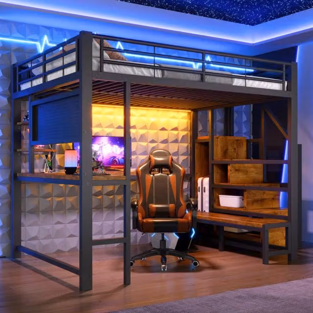 Letto a soppalco ULEVR 140x200 cm con scrivania, LED, USB e USB-C, ripiani e scala contenitore, nero