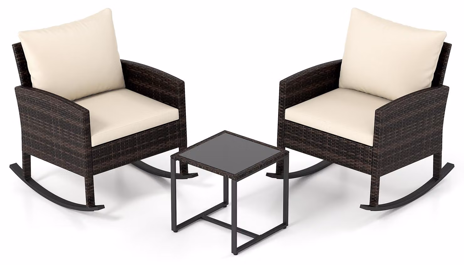 Set di mobili da giardino COSTWAY da 3 pezzi, mobili da balcone in polyrattan con 2 sedie a dondolo e tavolo in vetro, set da balcone e terrazza con 2 cuscini di seduta e 2 cuscini per lo schienale